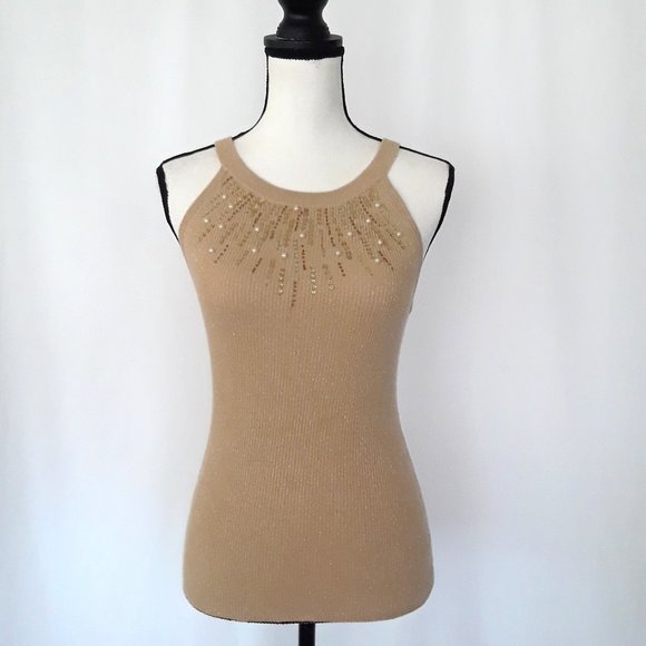 Vintage Y2K Cache Golden Tan Sleeveless Sequin Beaded Top - Picture 1 of 12